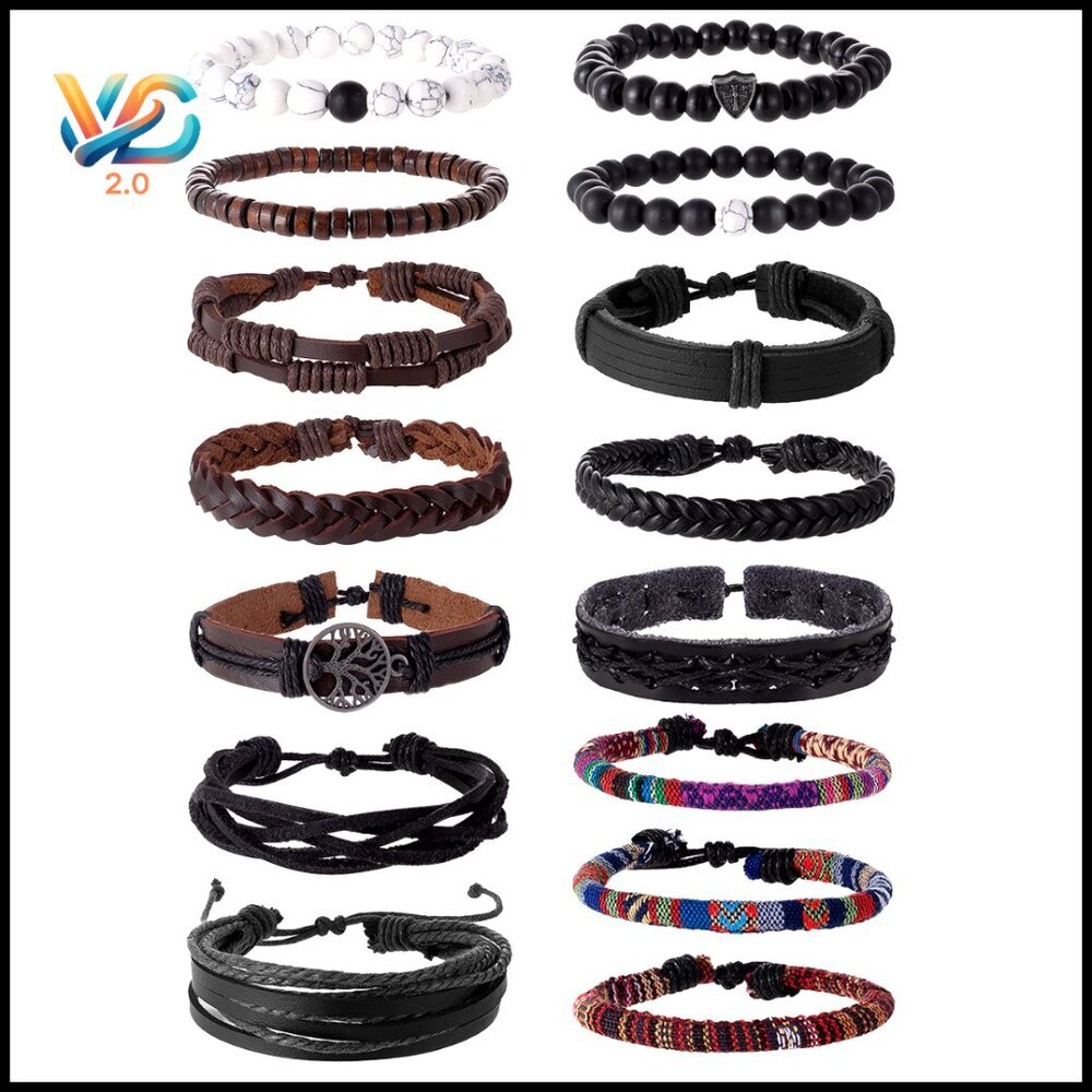 Braided Leather Bracelet Set Boho Cuff Wrap Wood‎ Bead Woven Ethnic Adjustable